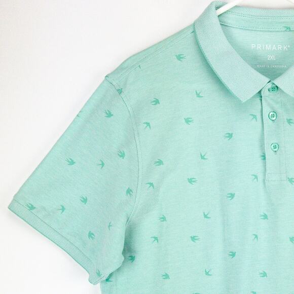 Primark Polo Men's 2XL Shirt Short Sleeve Cotton Mint Green Checks Birds NWT - Picture 4 of 11